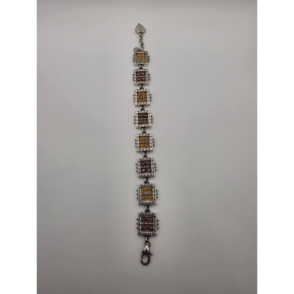 Brighton Silver Tone Abacus Link Bracelet Amber‎ Purple Glass Beads Heart Charm